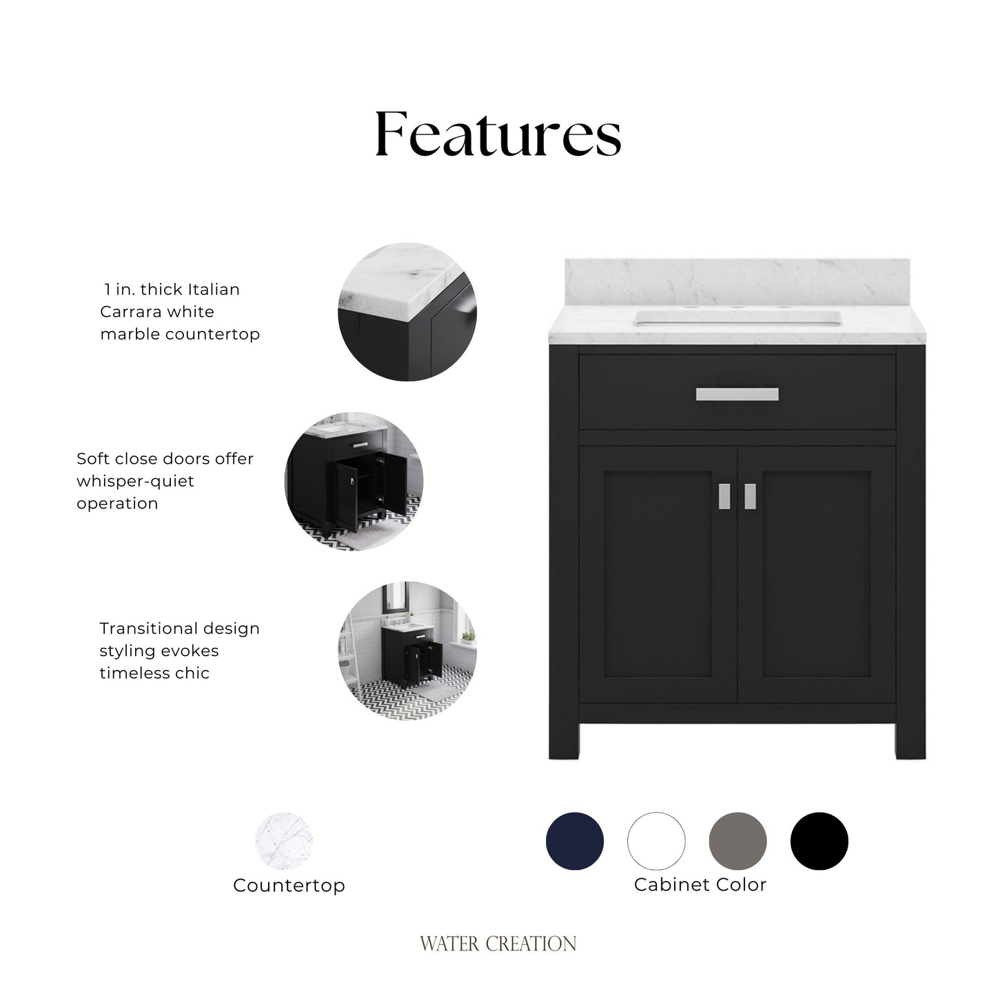 Madison 30 in. W x 21.5 in. D x 34 in. H Single Sink Bath Vanity in Espresso with Carrara White Marble Top | Water Creation