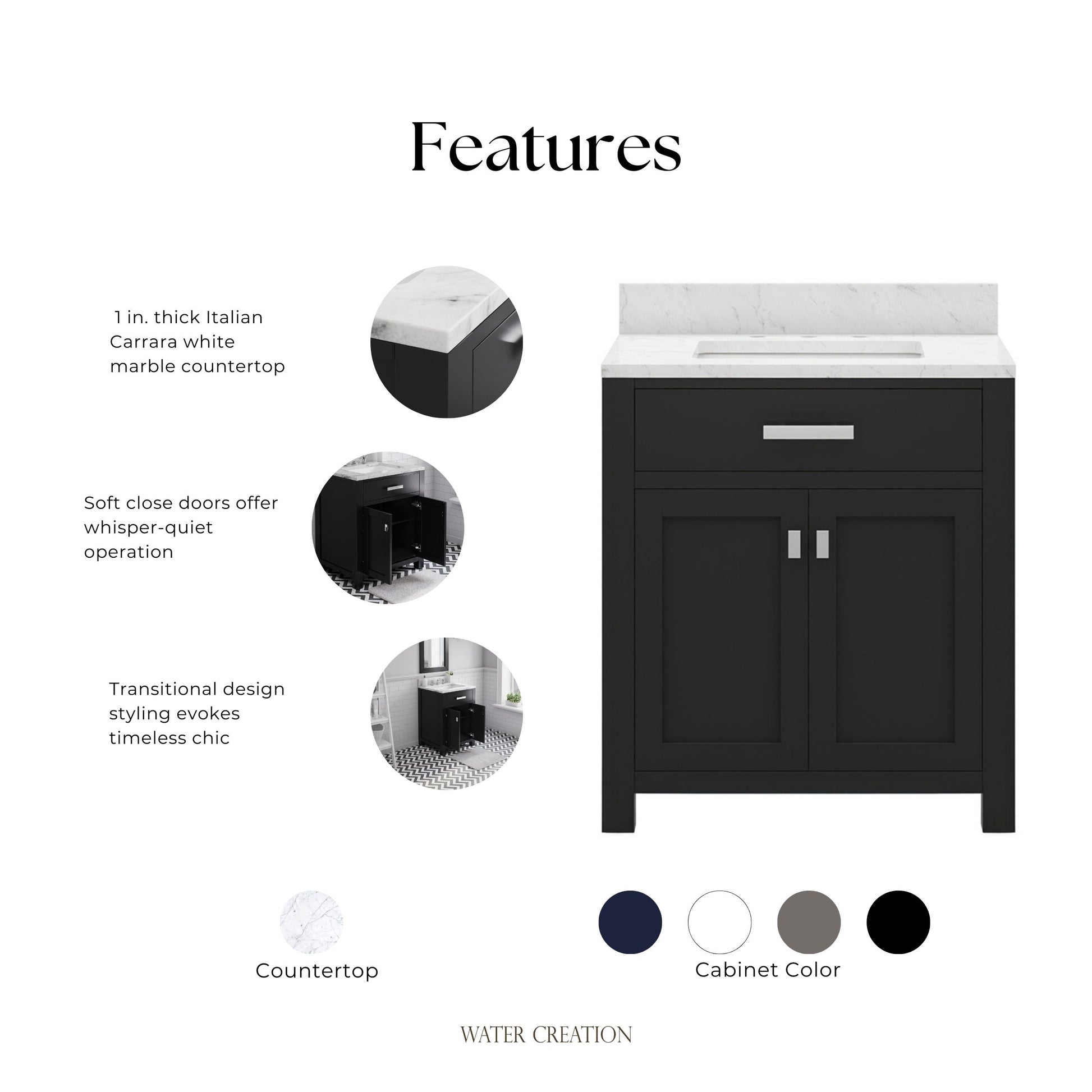 Madison 30 in. W x 21.5 in. D x 34 in. H Single Sink Bath Vanity in Espresso with Carrara White Marble Top | Water Creation