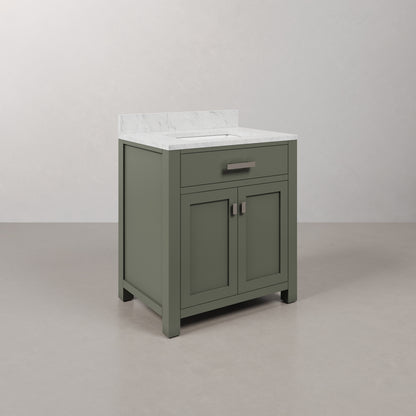 Madison 30 in. W x 21.5 in. D Bath Vanity in Green with Marble Vanity Top in White with White Basin | Water Creation