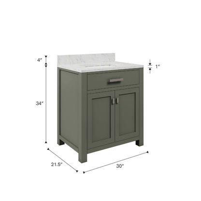 Madison 30 in. W x 21.5 in. D Bath Vanity in Green with Marble Vanity Top in White with White Basin | Water Creation