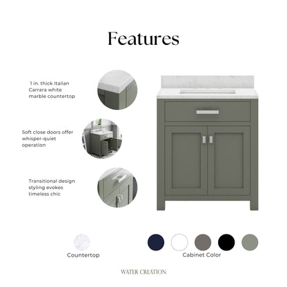 Madison 30 in. W x 21.5 in. D Bath Vanity in Green with Marble Vanity Top in White with White Basin | Water Creation