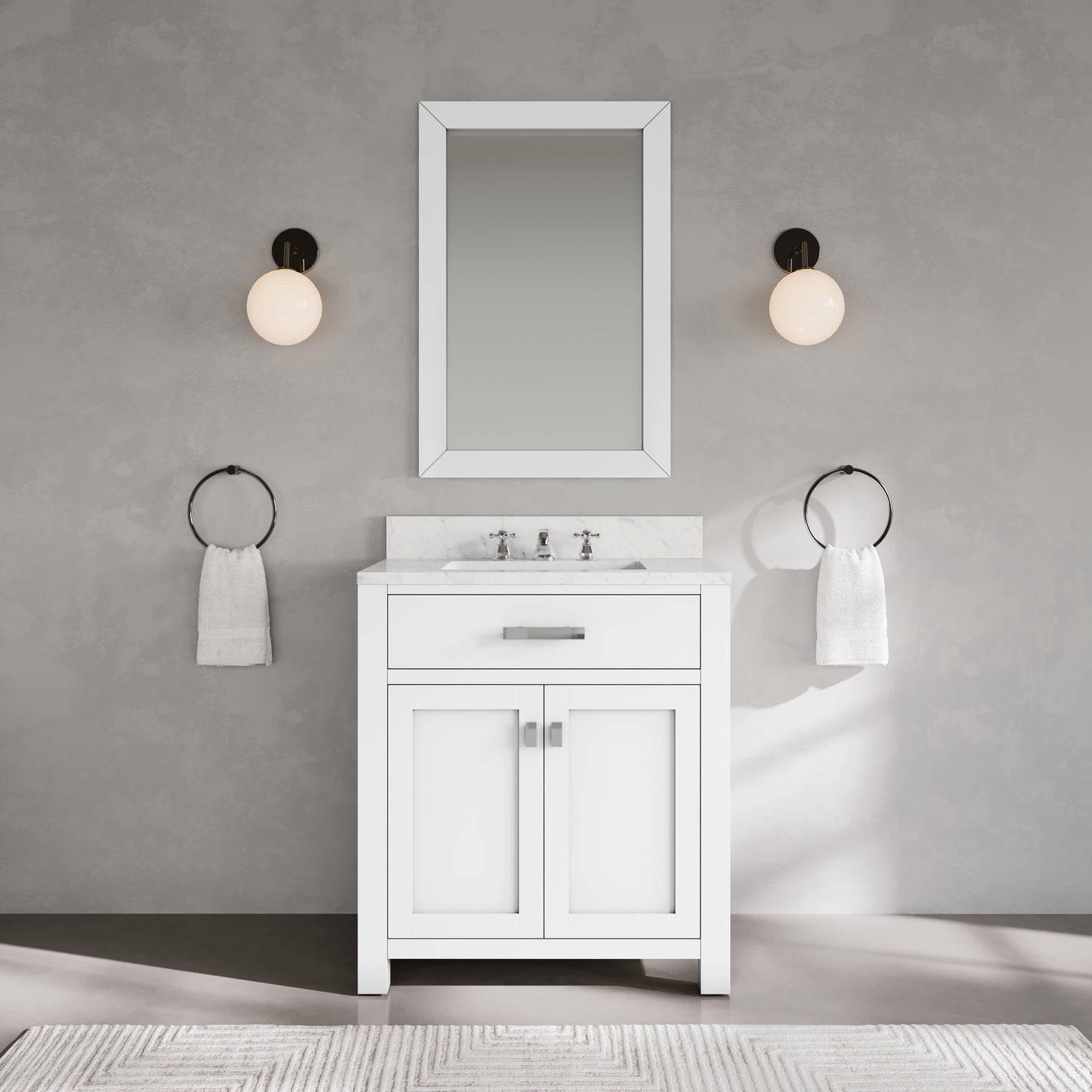 Madison 30 in. Vanity in Modern White with Marble Vanity Top in Carrara White | Water Creation