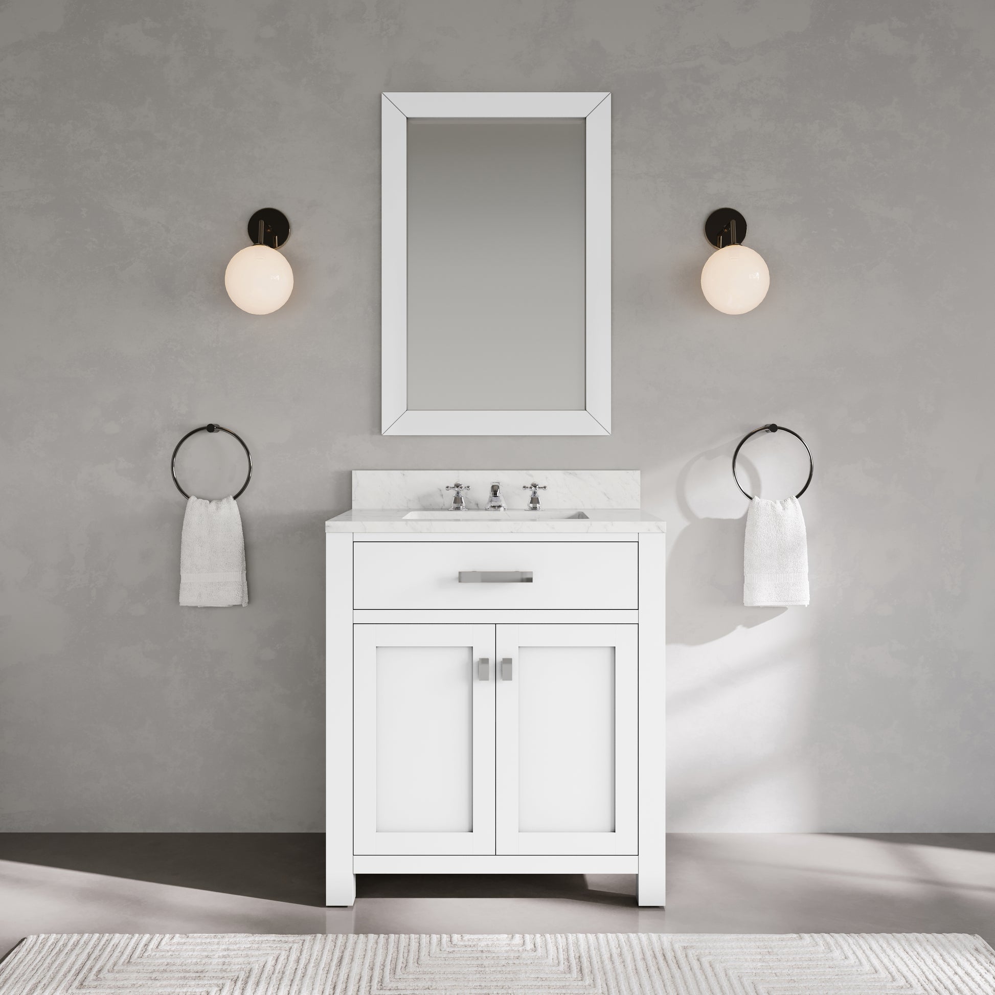 Madison 30 in. Vanity in Modern White with Marble Vanity Top in Carrara White | Water Creation