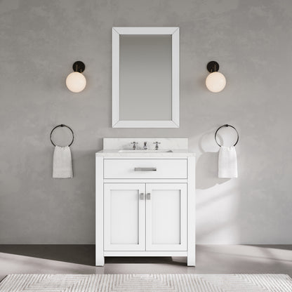 Madison 30 in. Vanity in Modern White with Marble Vanity Top in Carrara White | Water Creation