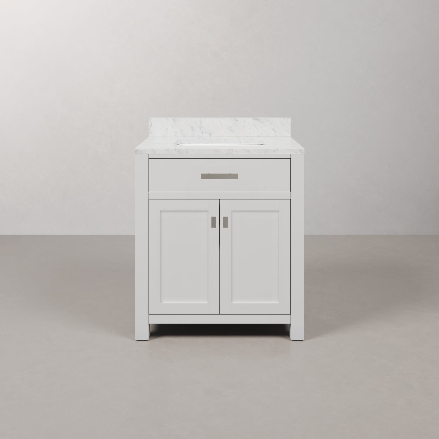 Madison 30 in. Vanity in Modern White with Marble Vanity Top in Carrara White | Water Creation