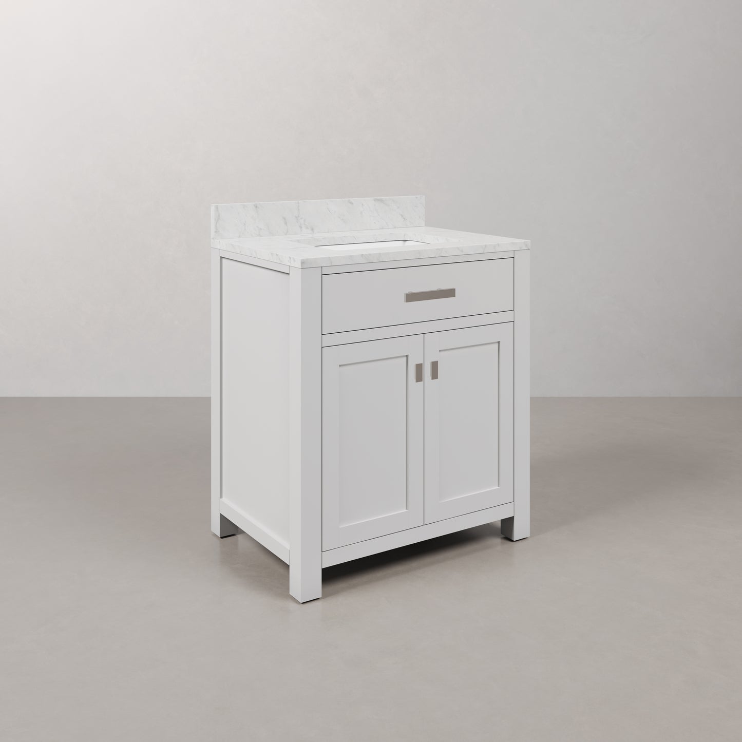 Madison 30 in. Vanity in Modern White with Marble Vanity Top in Carrara White | Water Creation