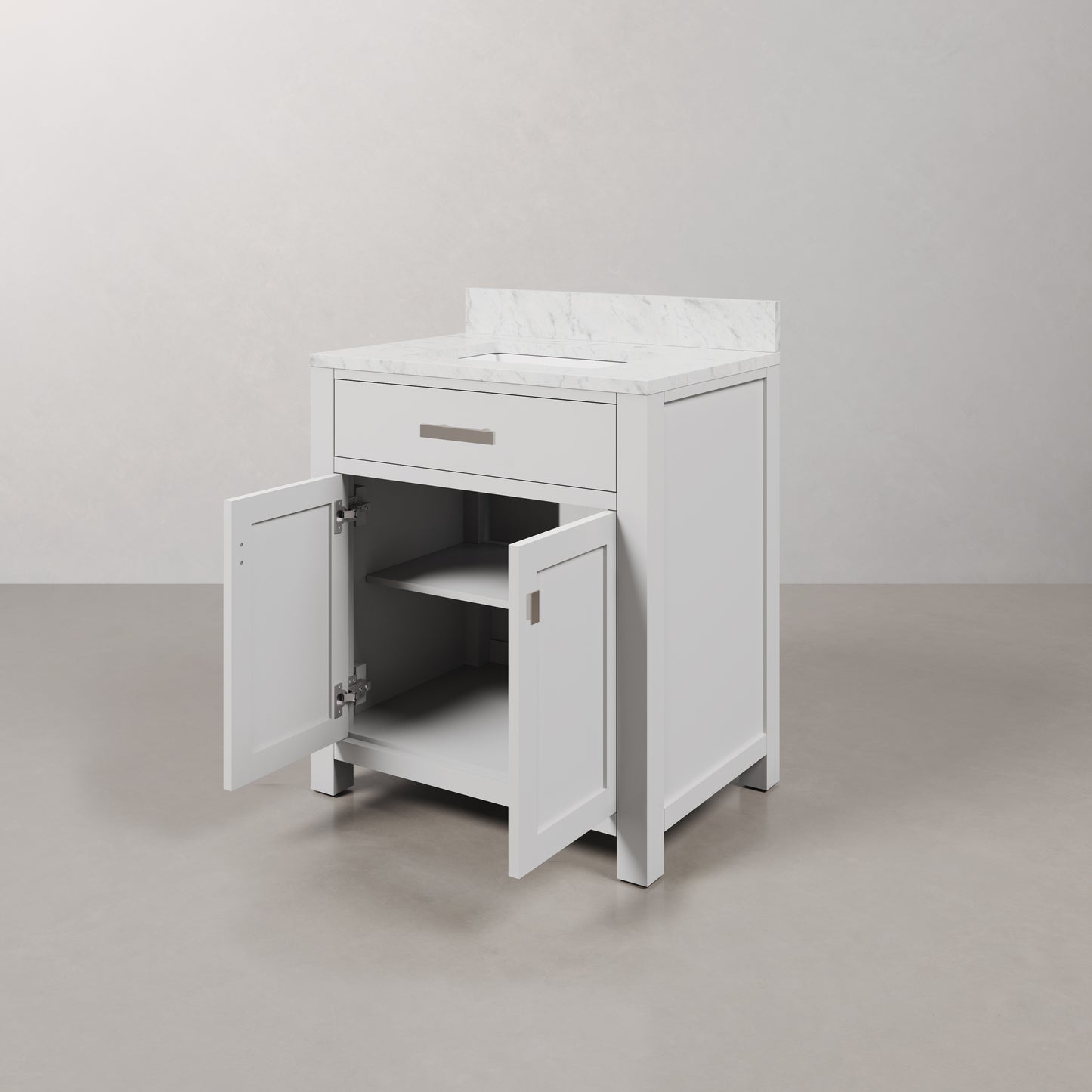 Madison 30 in. Vanity in Modern White with Marble Vanity Top in Carrara White | Water Creation