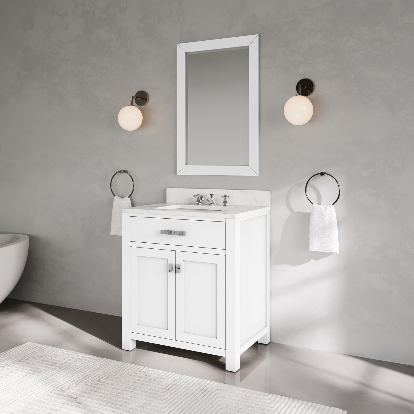 Madison 30 in. Vanity in Modern White with Marble Vanity Top in Carrara White | Water Creation
