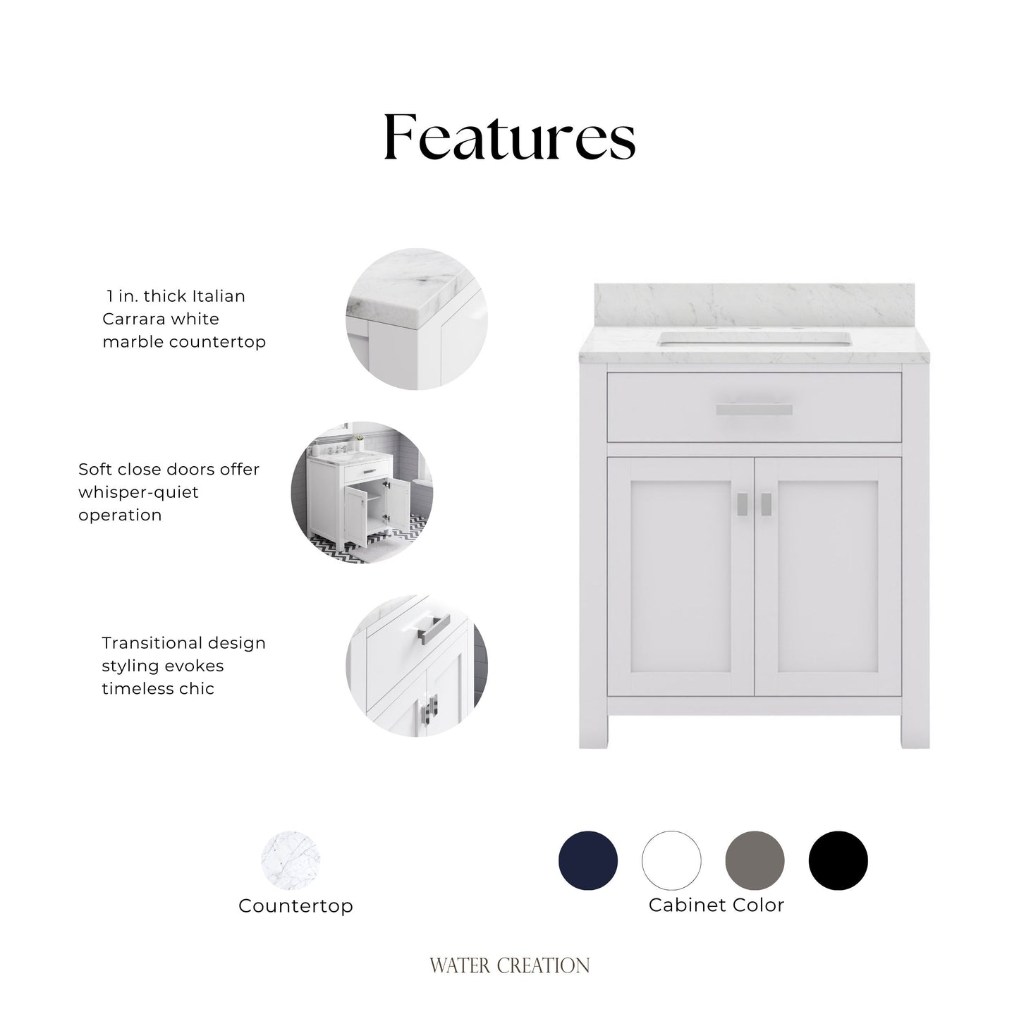 Madison 30 in. Vanity in Modern White with Marble Vanity Top in Carrara White | Water Creation
