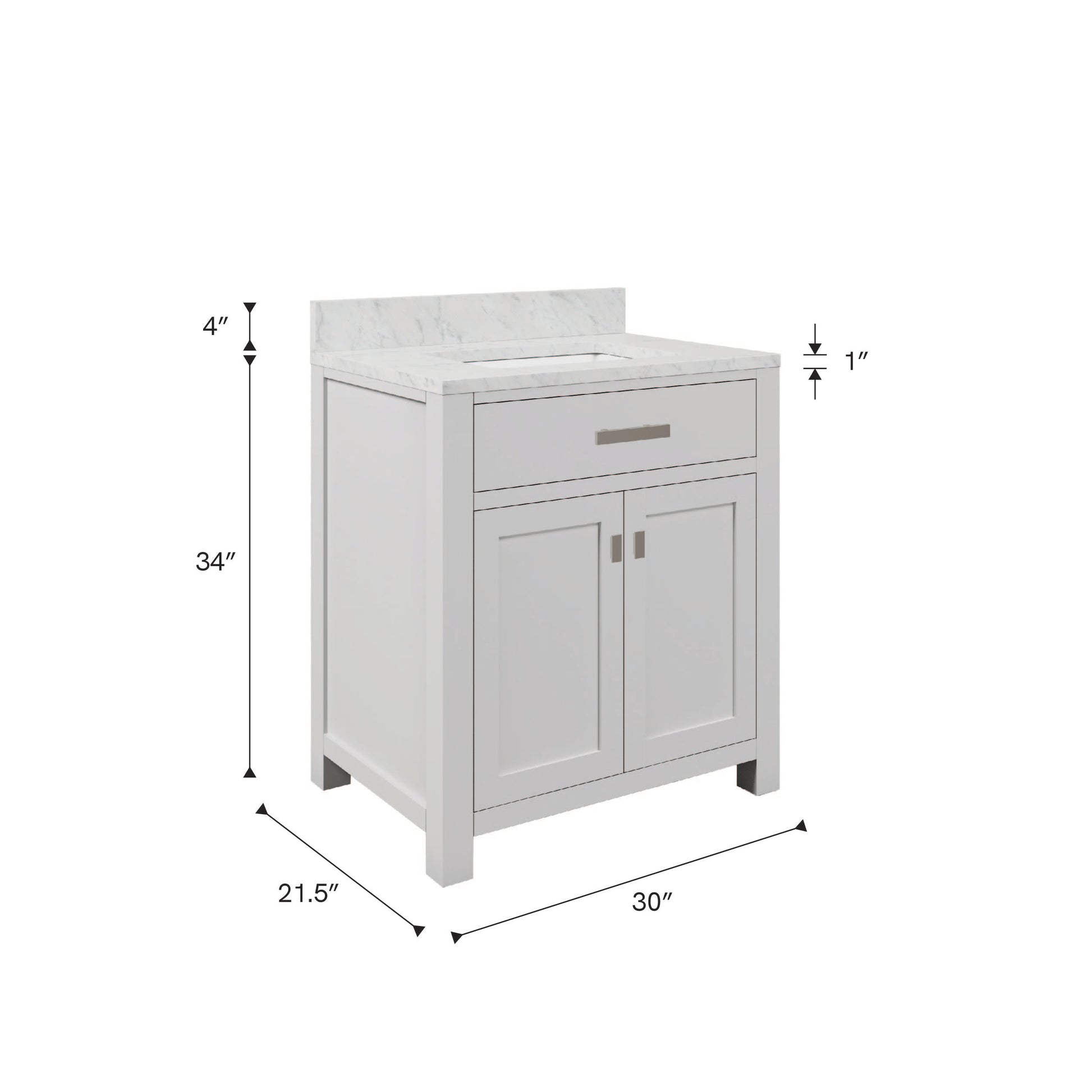 Madison 30 in. Vanity in Modern White with Marble Vanity Top in Carrara White | Water Creation