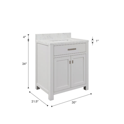 Madison 30 in. Vanity in Modern White with Marble Vanity Top in Carrara White | Water Creation