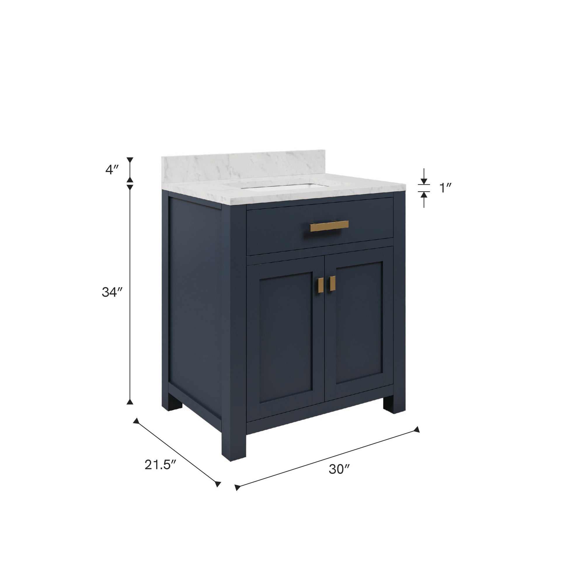 Madison 30 in. Bath Vanity in Blue With Marble Vanity Top in Carrara White With White Basin | Water Creation