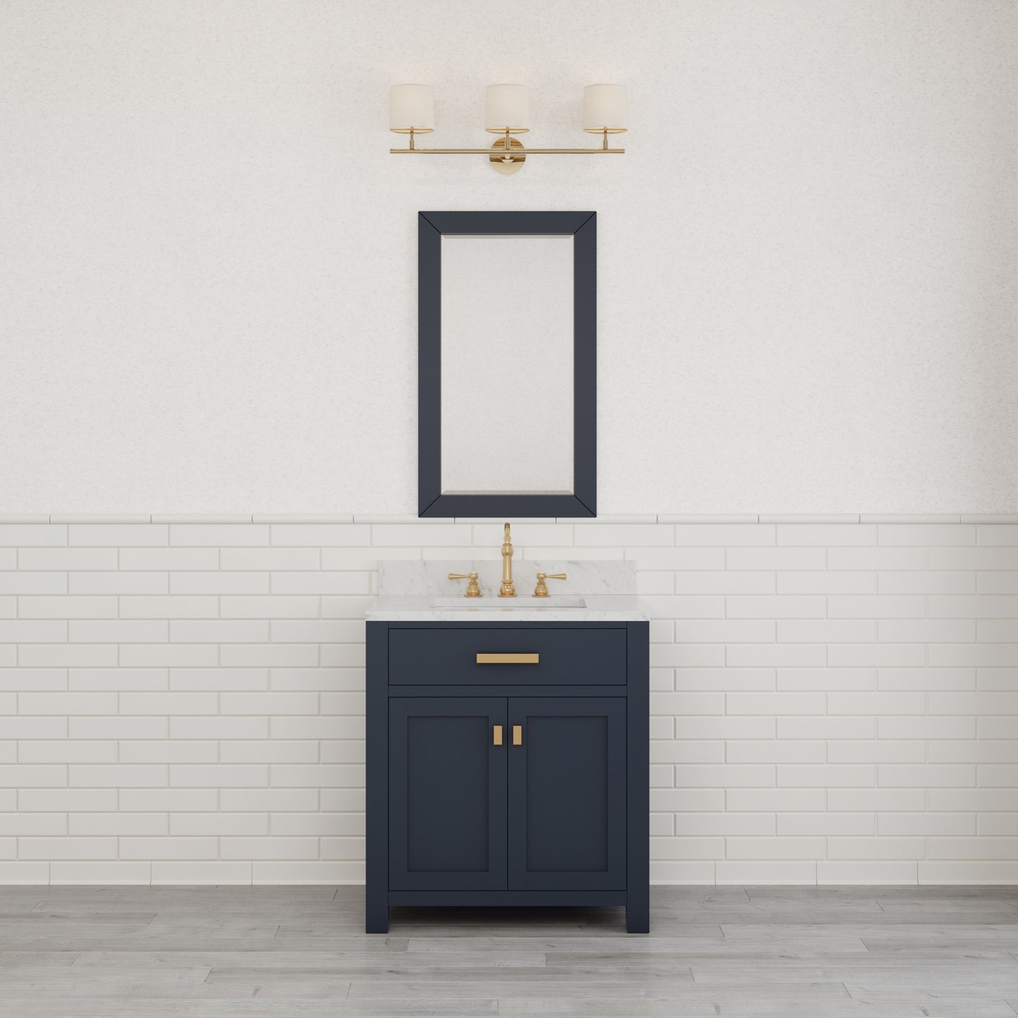 Madison 30 in. Bath Vanity in Blue With Marble Vanity Top in Carrara White With White Basin | Water Creation