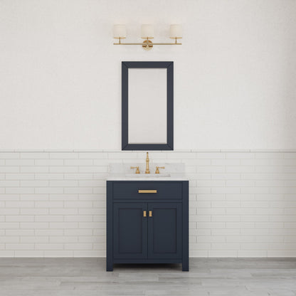 Madison 30 in. Bath Vanity in Blue With Marble Vanity Top in Carrara White With White Basin | Water Creation
