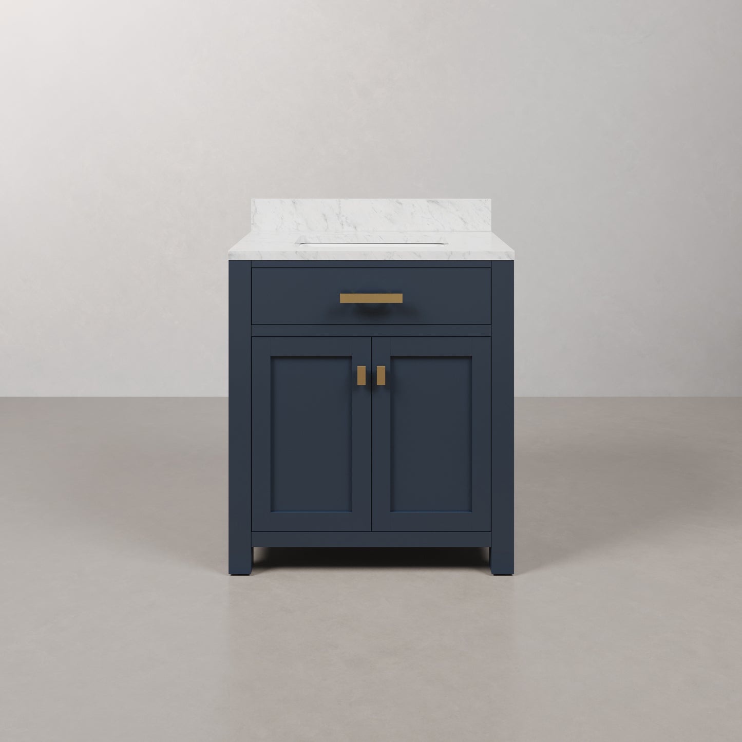 Madison 30 in. Bath Vanity in Blue With Marble Vanity Top in Carrara White With White Basin | Water Creation