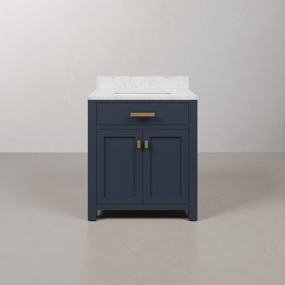 Madison 30 in. Bath Vanity in Blue With Marble Vanity Top in Carrara White With White Basin | Water Creation
