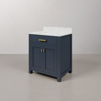 Madison 30 in. Bath Vanity in Blue With Marble Vanity Top in Carrara White With White Basin | Water Creation