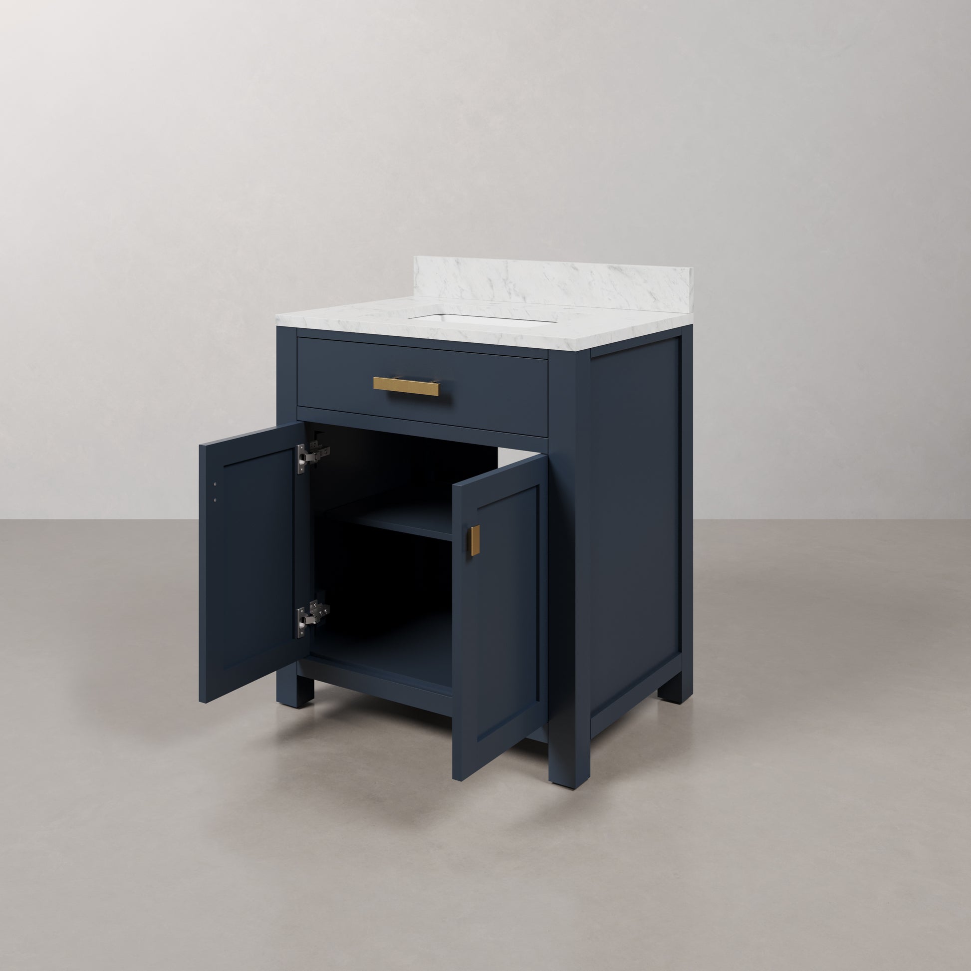 Madison 30 in. Bath Vanity in Blue With Marble Vanity Top in Carrara White With White Basin | Water Creation