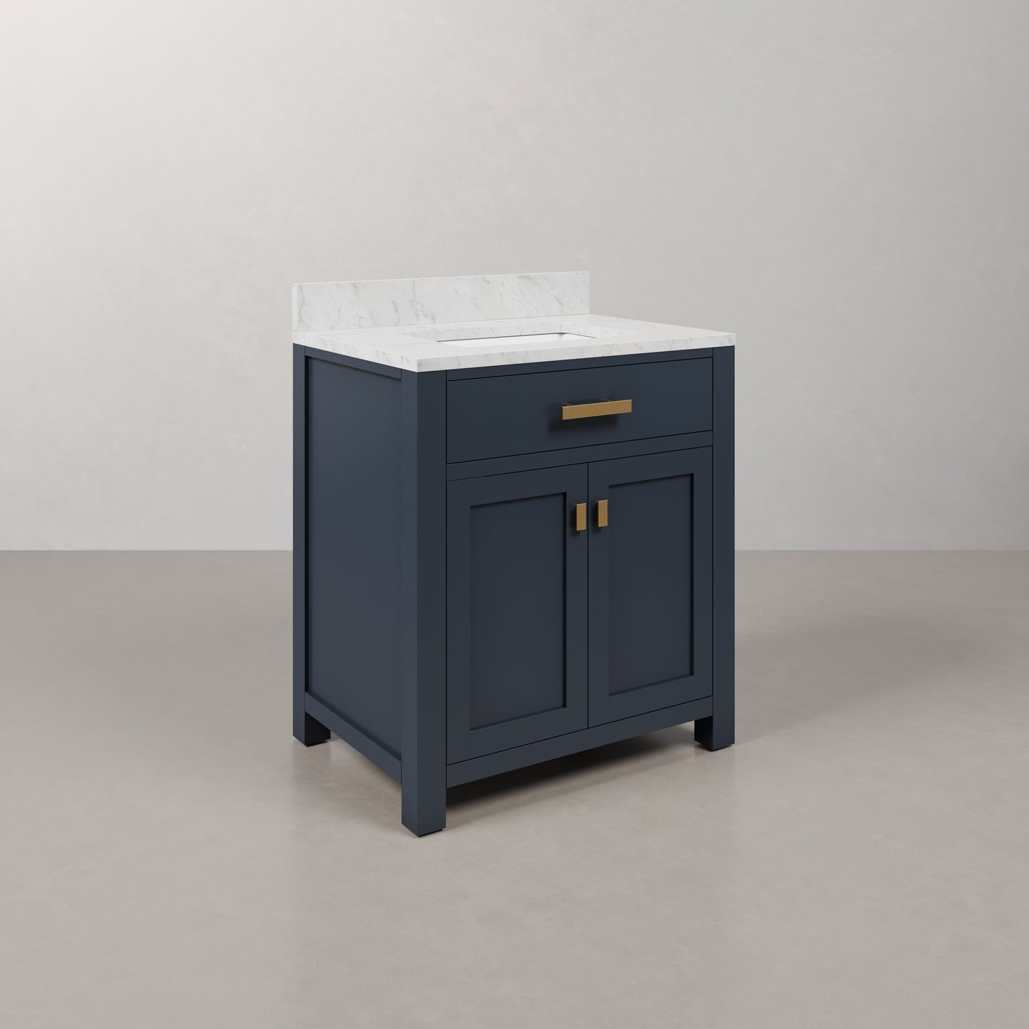 Madison 30 in. Bath Vanity in Blue With Marble Vanity Top in Carrara White With White Basin | Water Creation