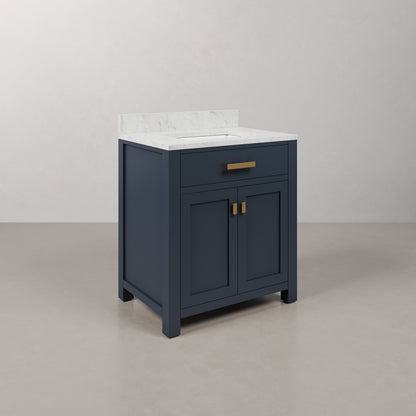 Madison 30 in. Bath Vanity in Blue With Marble Vanity Top in Carrara White With White Basin | Water Creation