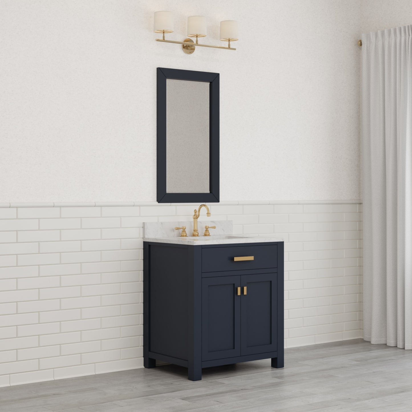 Madison 30 in. Bath Vanity in Blue With Marble Vanity Top in Carrara White With White Basin | Water Creation