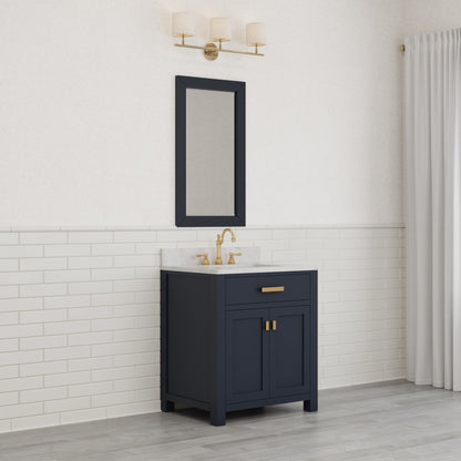 Madison 30 in. Bath Vanity in Blue With Marble Vanity Top in Carrara White With White Basin | Water Creation