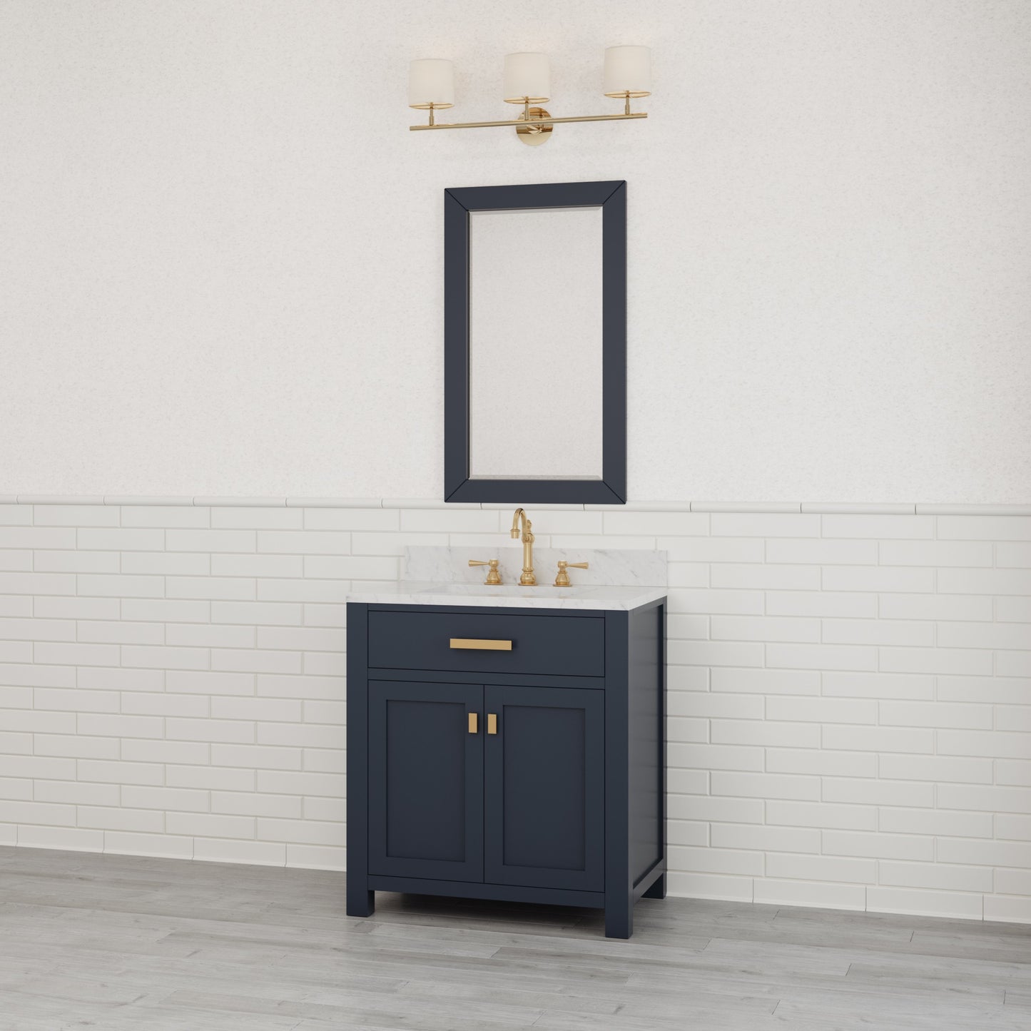 Madison 30 in. Bath Vanity in Blue With Marble Vanity Top in Carrara White With White Basin | Water Creation