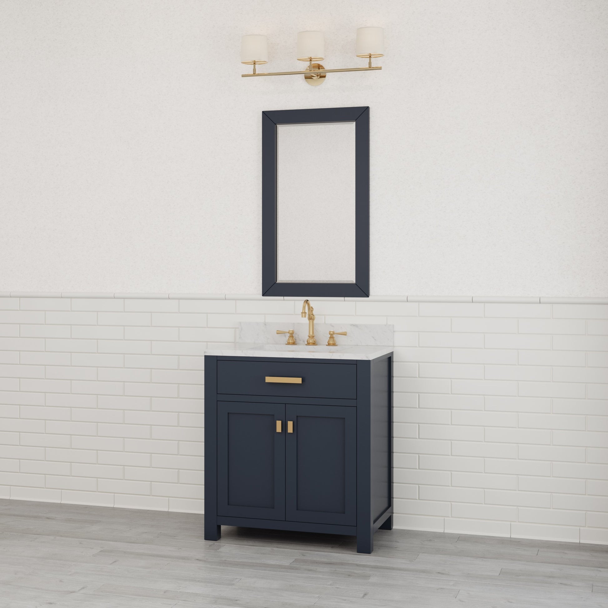Madison 30 in. Bath Vanity in Blue With Marble Vanity Top in Carrara White With White Basin | Water Creation