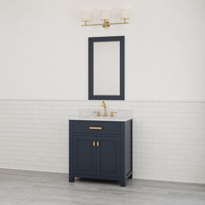Madison 30 in. Bath Vanity in Blue With Marble Vanity Top in Carrara White With White Basin | Water Creation