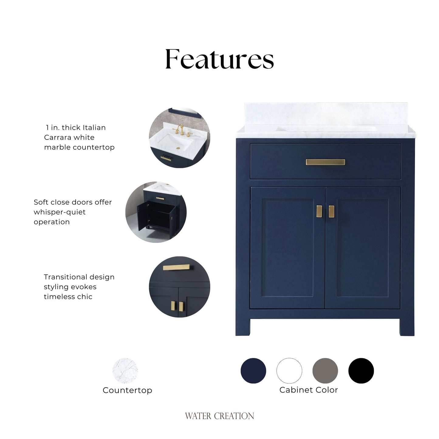 Madison 30 in. Bath Vanity in Blue With Marble Vanity Top in Carrara White With White Basin | Water Creation