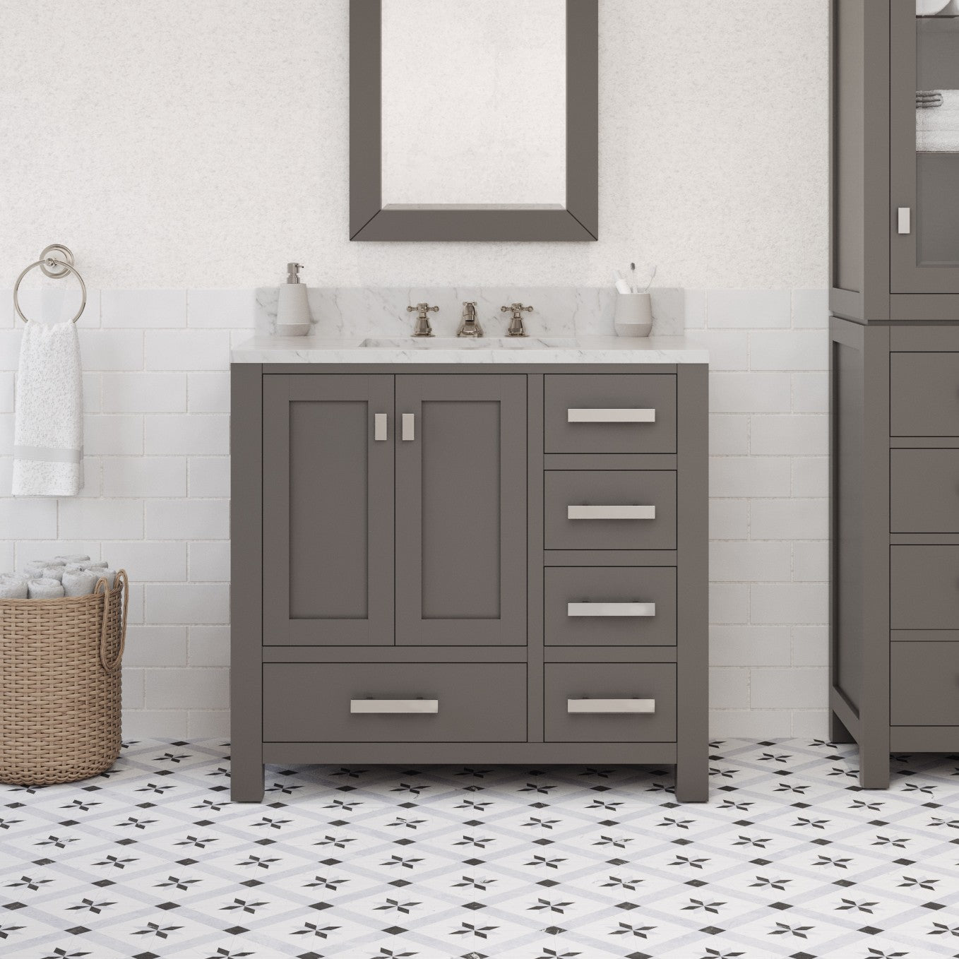 Madison 36 in. W x 34 in. H Bath Vanity in Gray with Marble Vanity Top in Carrara White with White Basin | Water Creation