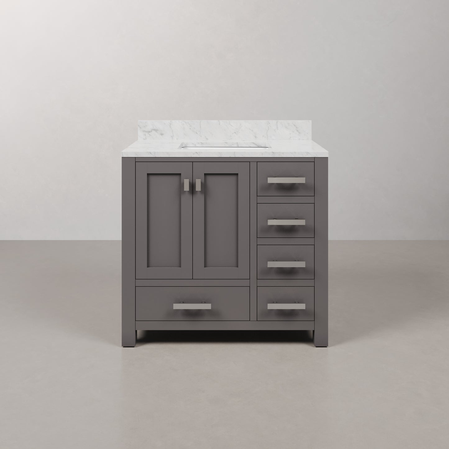 Madison 36 in. W x 34 in. H Bath Vanity in Gray with Marble Vanity Top in Carrara White with White Basin | Water Creation