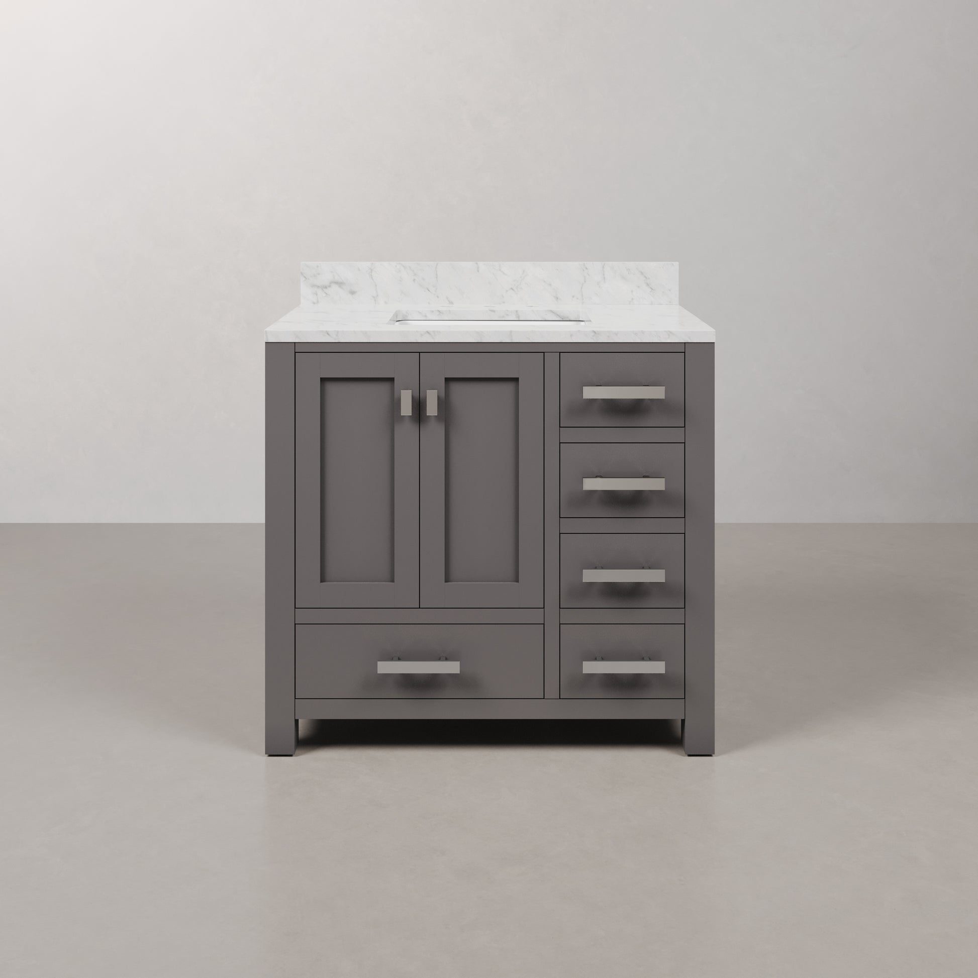 Madison 36 in. W x 34 in. H Bath Vanity in Gray with Marble Vanity Top in Carrara White with White Basin | Water Creation
