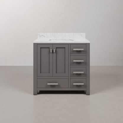 Madison 36 in. W x 34 in. H Bath Vanity in Gray with Marble Vanity Top in Carrara White with White Basin | Water Creation