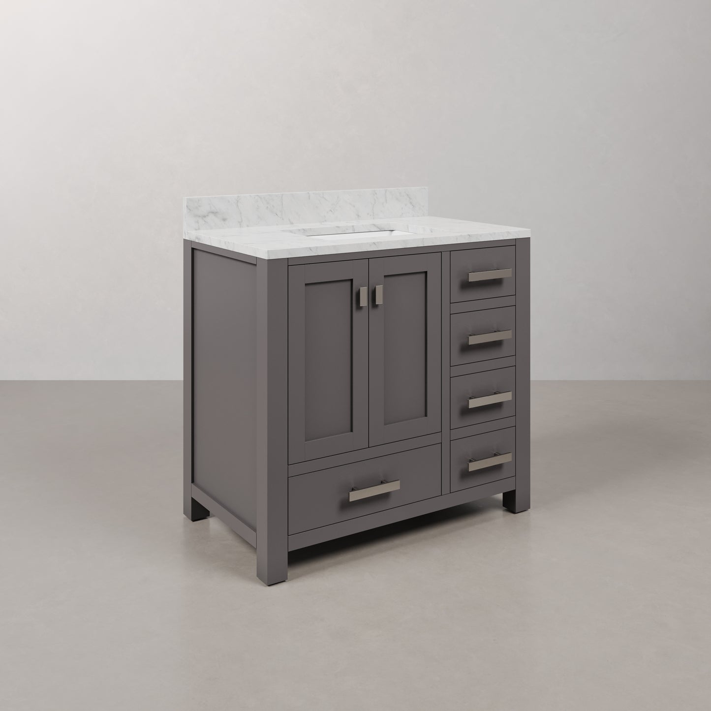 Madison 36 in. W x 34 in. H Bath Vanity in Gray with Marble Vanity Top in Carrara White with White Basin | Water Creation