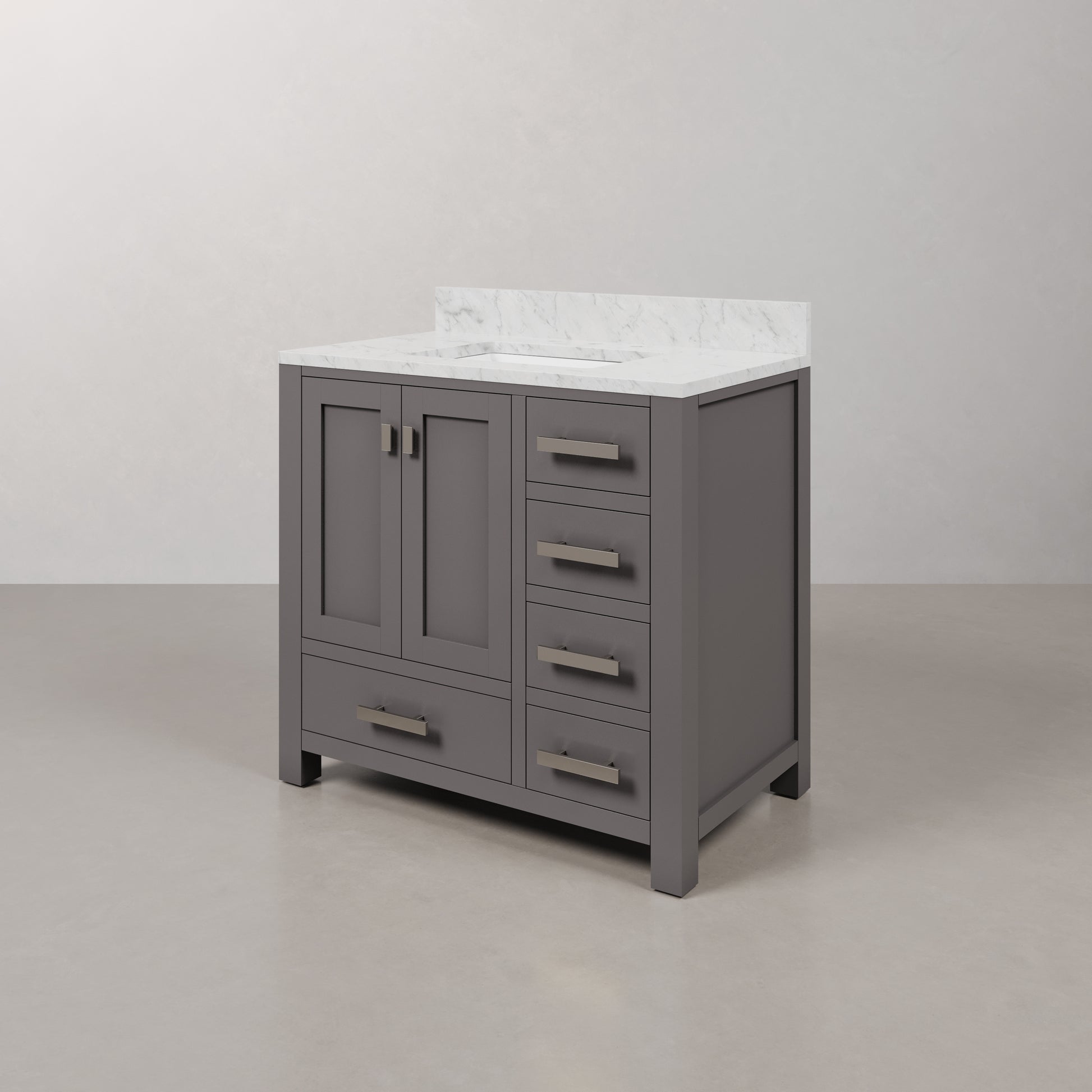 Madison 36 in. W x 34 in. H Bath Vanity in Gray with Marble Vanity Top in Carrara White with White Basin | Water Creation