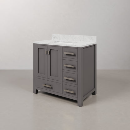 Madison 36 in. W x 34 in. H Bath Vanity in Gray with Marble Vanity Top in Carrara White with White Basin | Water Creation