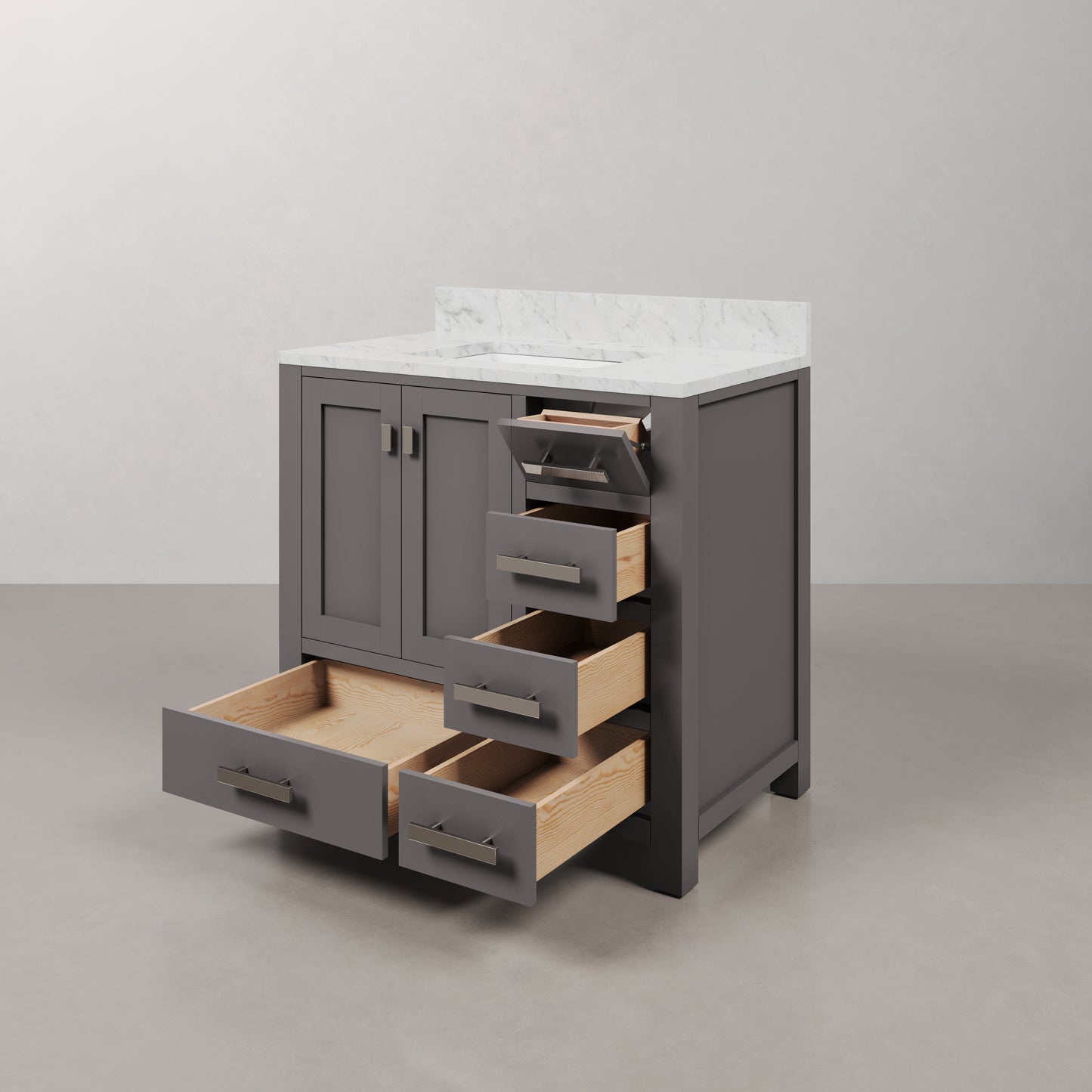 Madison 36 in. W x 34 in. H Bath Vanity in Gray with Marble Vanity Top in Carrara White with White Basin | Water Creation