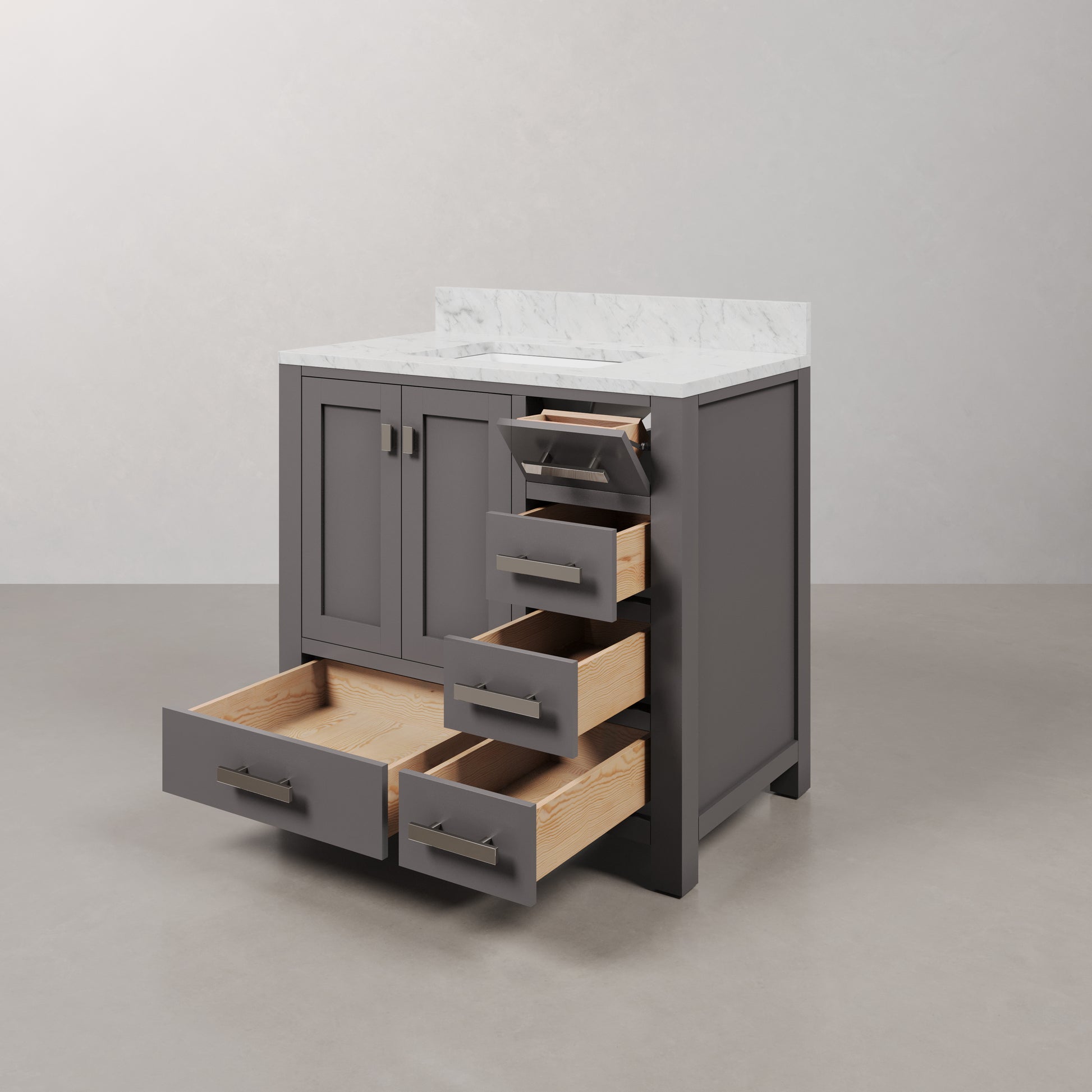 Madison 36 in. W x 34 in. H Bath Vanity in Gray with Marble Vanity Top in Carrara White with White Basin | Water Creation