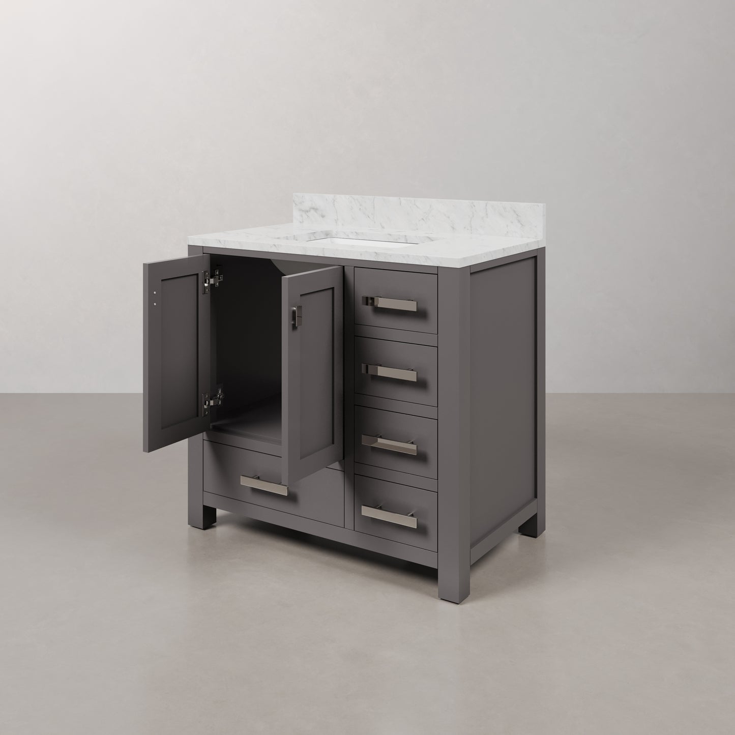 Madison 36 in. W x 34 in. H Bath Vanity in Gray with Marble Vanity Top in Carrara White with White Basin | Water Creation