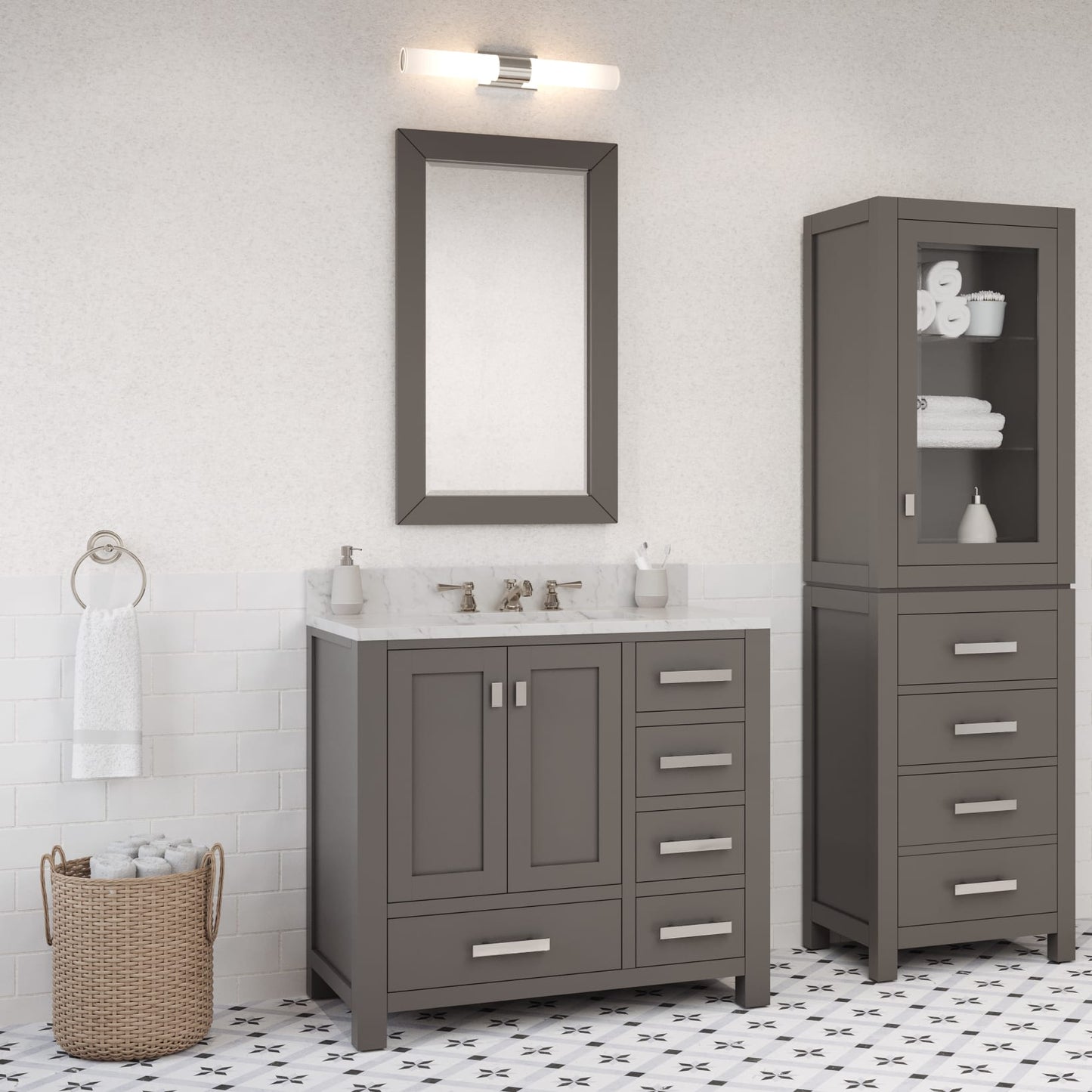 Madison 36 in. W x 34 in. H Bath Vanity in Gray with Marble Vanity Top in Carrara White with White Basin | Water Creation