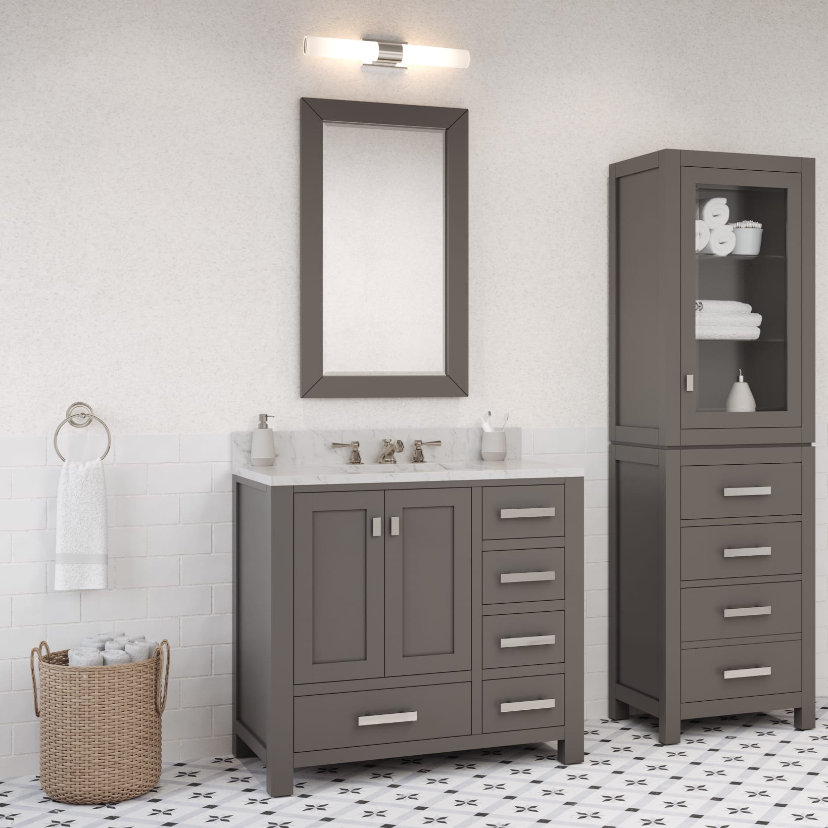 Madison 36 in. W x 34 in. H Bath Vanity in Gray with Marble Vanity Top in Carrara White with White Basin | Water Creation