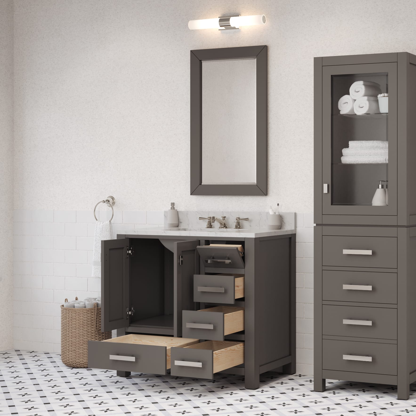 Madison 36 in. W x 34 in. H Bath Vanity in Gray with Marble Vanity Top in Carrara White with White Basin | Water Creation