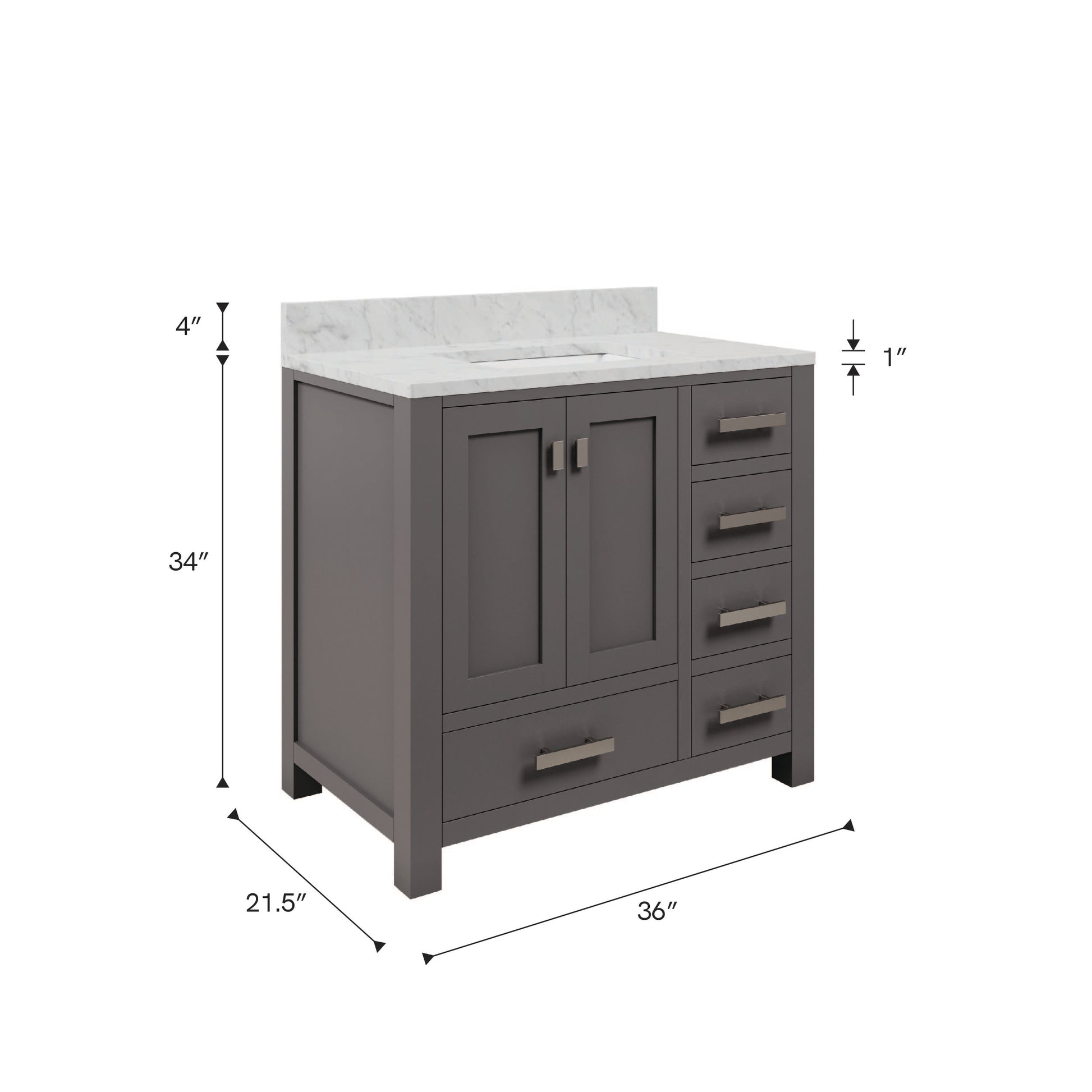 Madison 36 in. W x 34 in. H Bath Vanity in Gray with Marble Vanity Top in Carrara White with White Basin | Water Creation