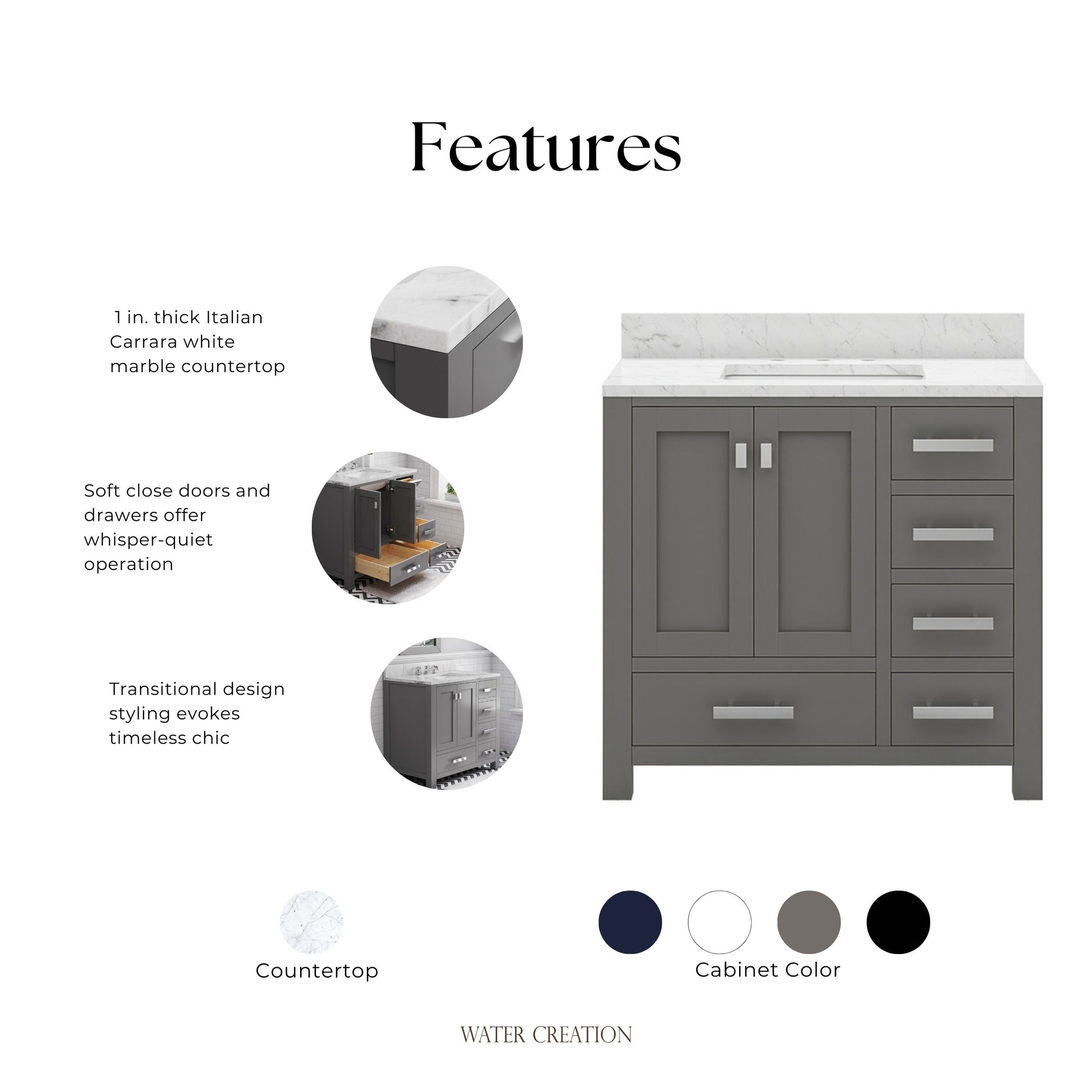 Madison 36 in. W x 34 in. H Bath Vanity in Gray with Marble Vanity Top in Carrara White with White Basin | Water Creation