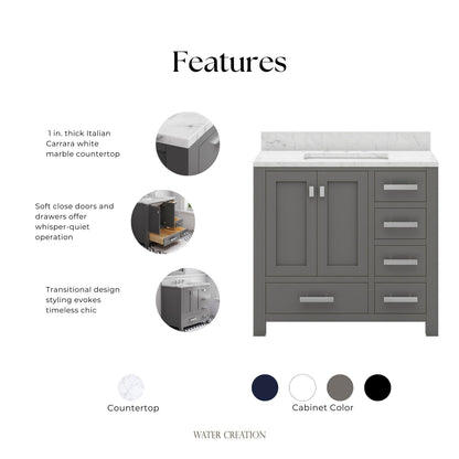 Madison 36 in. W x 34 in. H Bath Vanity in Gray with Marble Vanity Top in Carrara White with White Basin | Water Creation