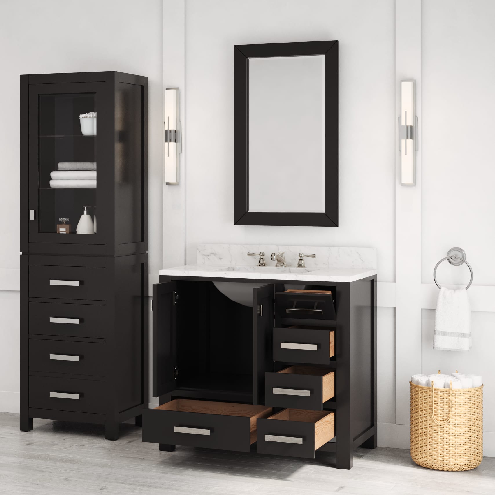 Madison 36 in. W x 34 in. H Vanity in Espresso with Marble Vanity Top in Carrara White with White Basin | Water Creation