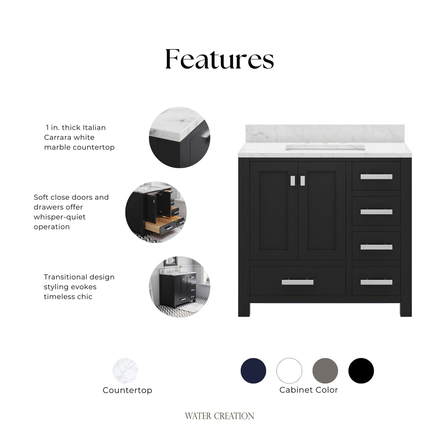Madison 36 in. W x 34 in. H Vanity in Espresso with Marble Vanity Top in Carrara White with White Basin | Water Creation