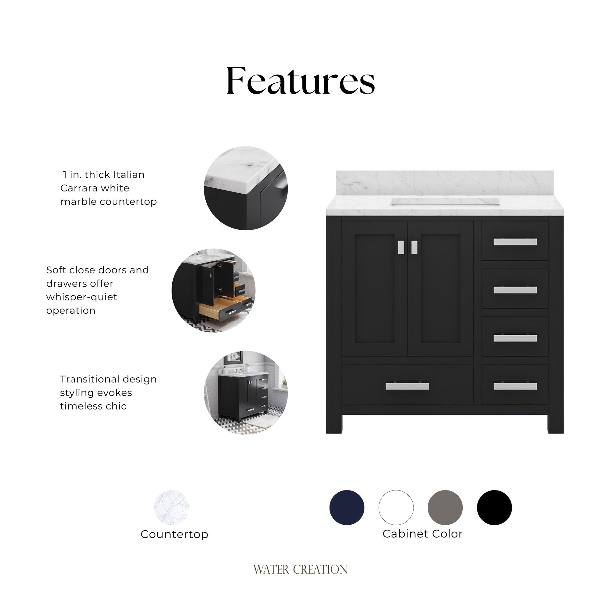 Madison 36 in. W x 34 in. H Vanity in Espresso with Marble Vanity Top in Carrara White with White Basin | Water Creation