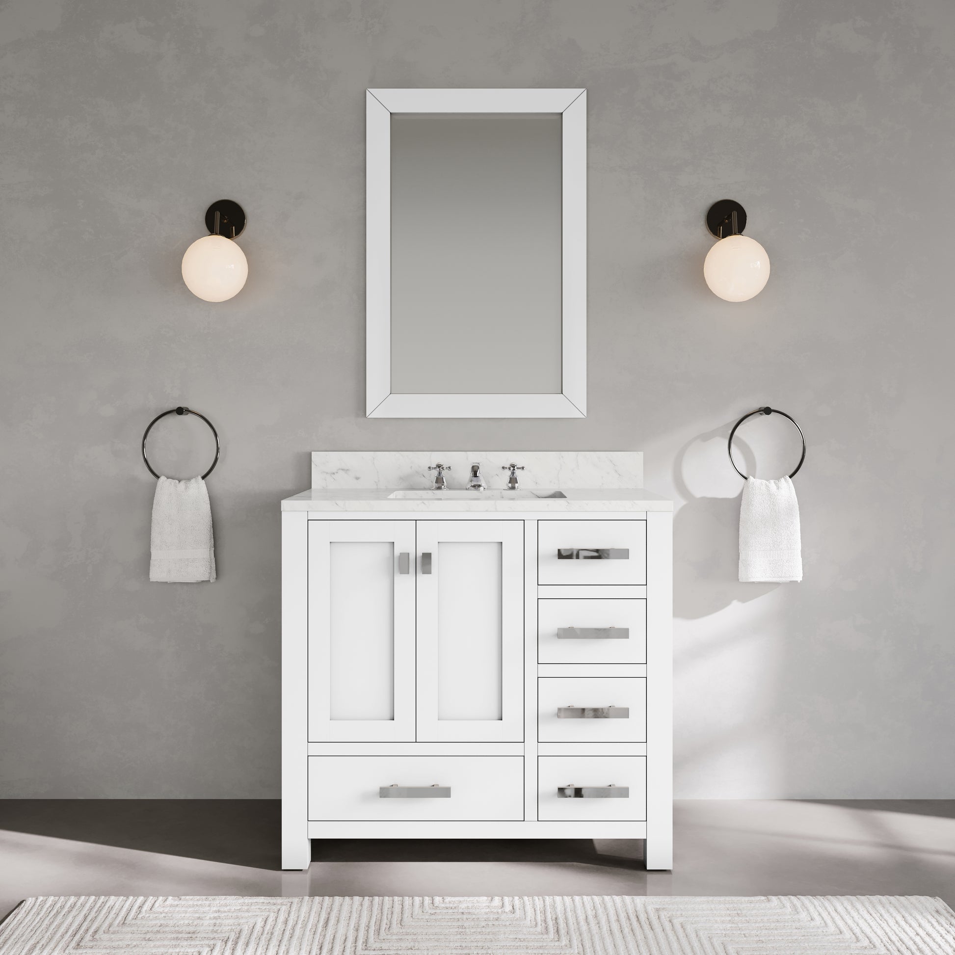 Madison 36 in. W x 34 in. H Vanity in White with Marble Vanity Top in Carrara White with White Basin | Water Creation